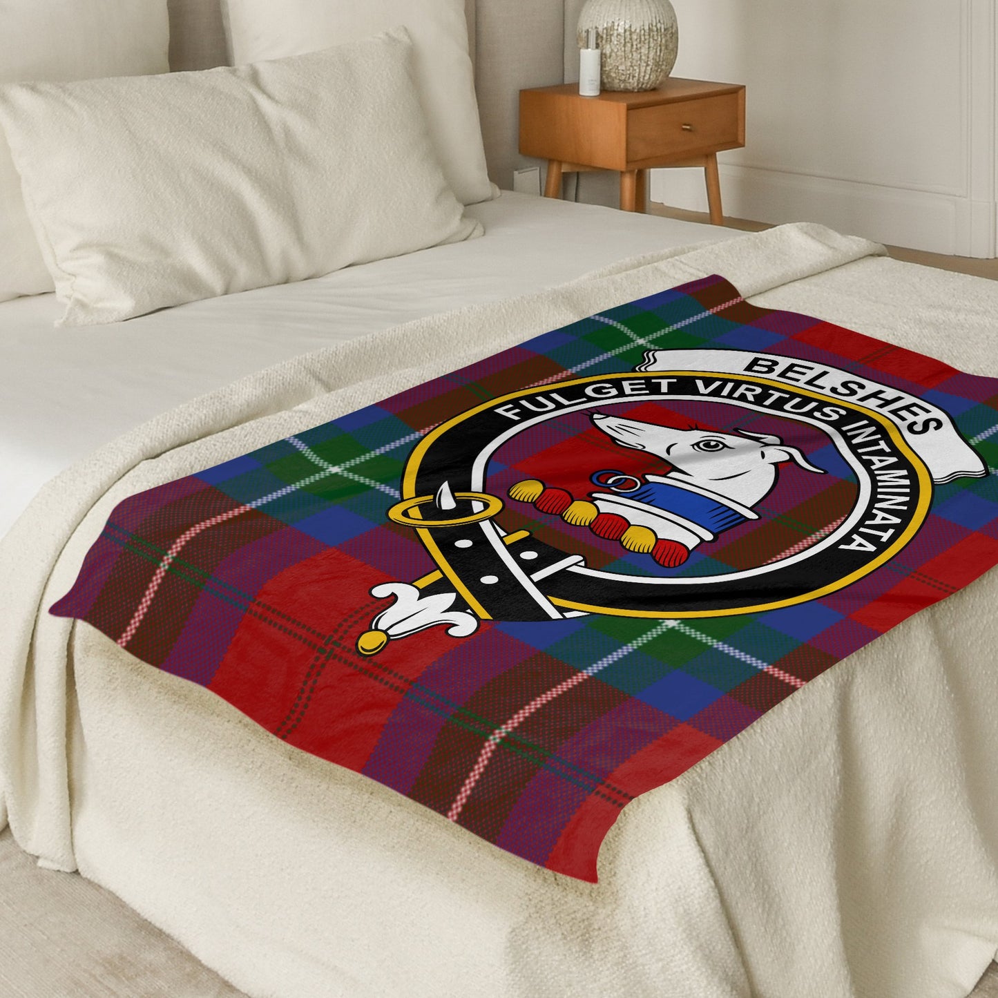 Scottish Clan Belshes Crest Tartan Throw Blanket - Living Stone Gifts