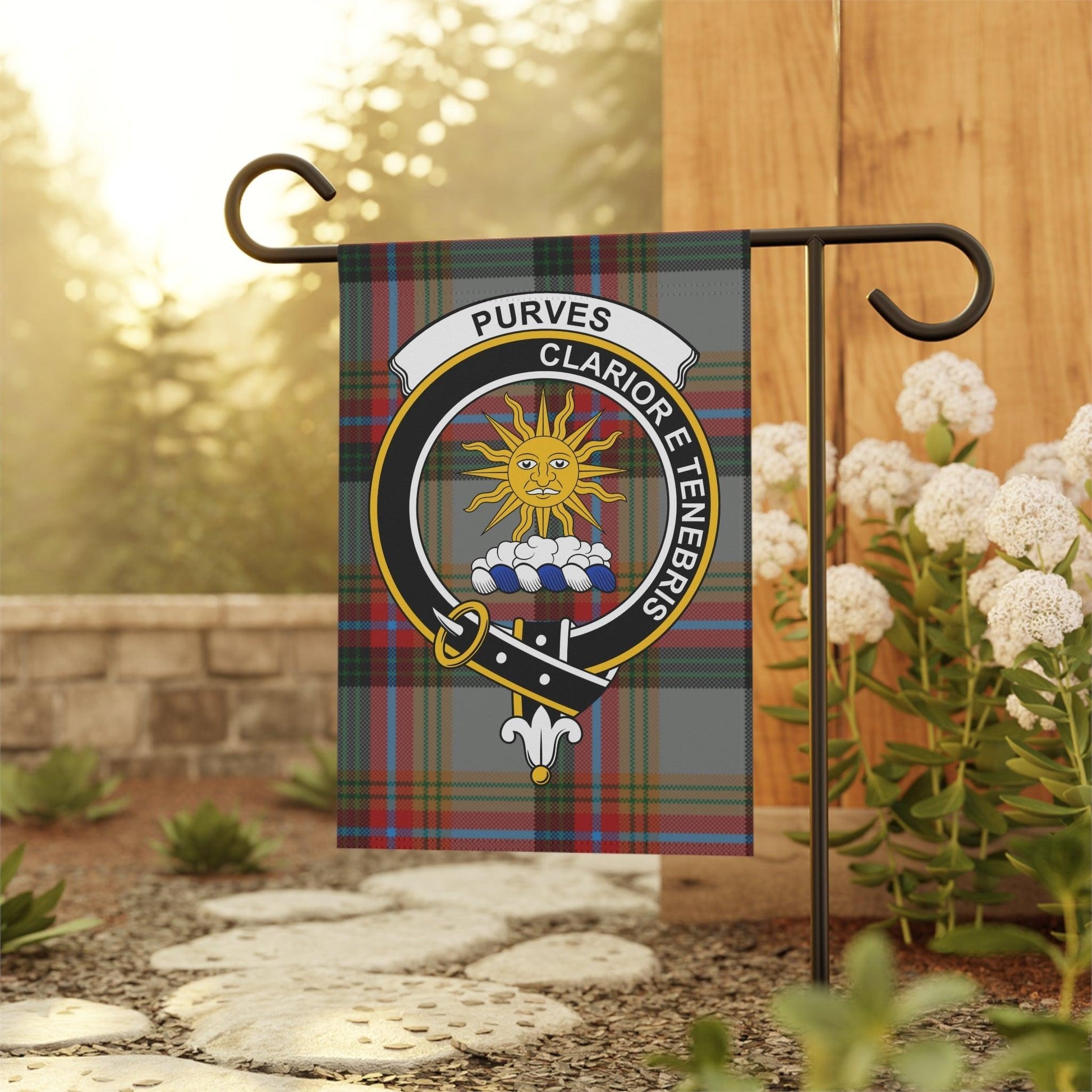 Purves Clan Scottish Tartan Crest Garden Flag - Celtic Ancestry Gifts