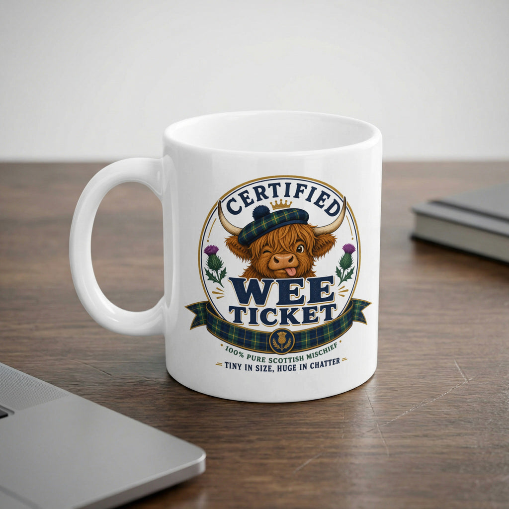 Mug with "Certified Wee Ticket" logo featuring a Highland cow.