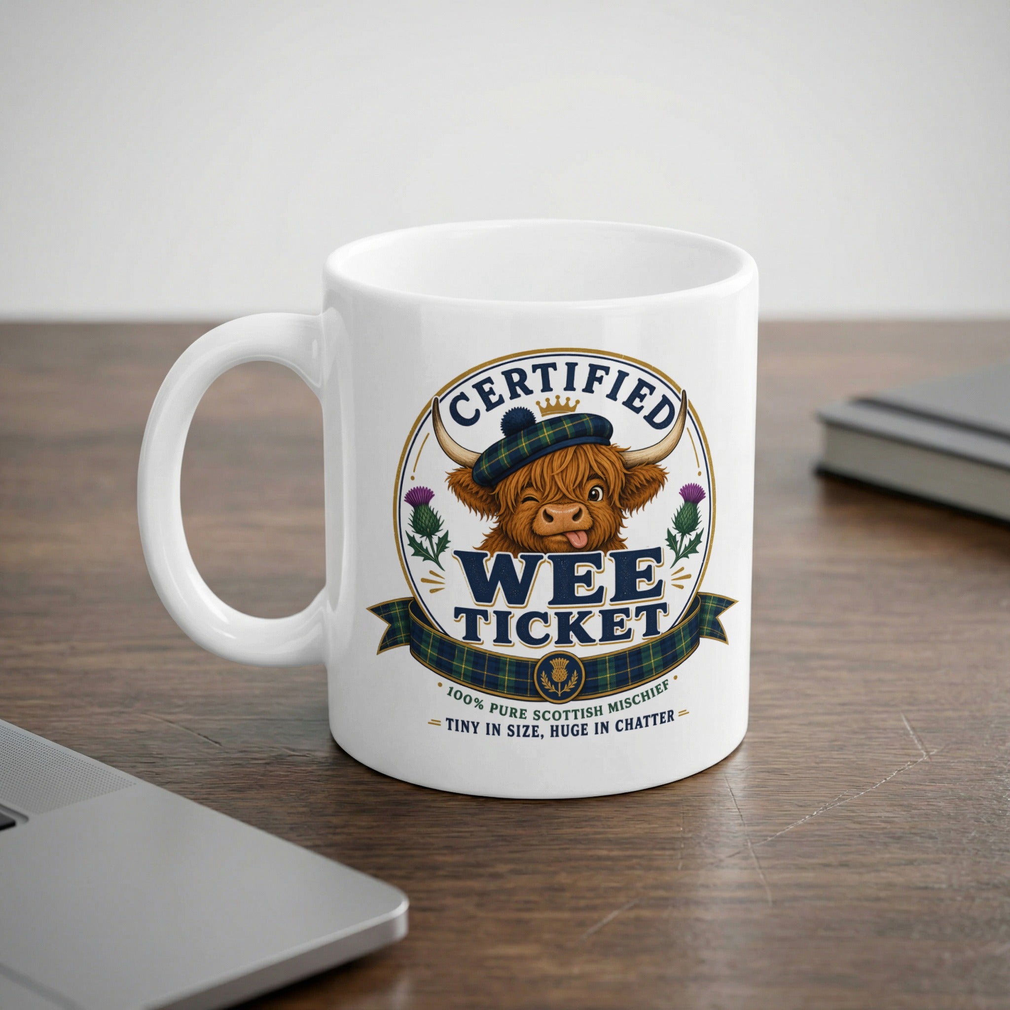 Mug with "Certified Wee Ticket" logo featuring a Highland cow.