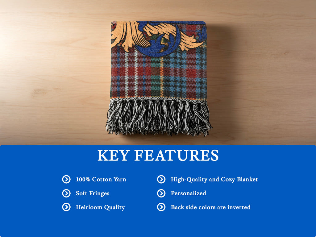 Features of the Porteous Scottish family shield woven blanket with Caledonia tartan background