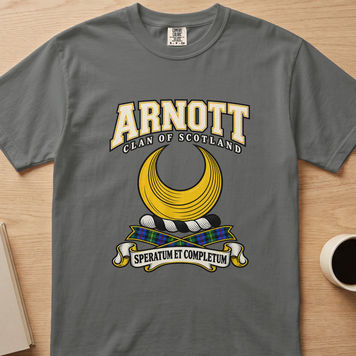 Arnott clan T-shirt in gray, front view with large gold crescent
