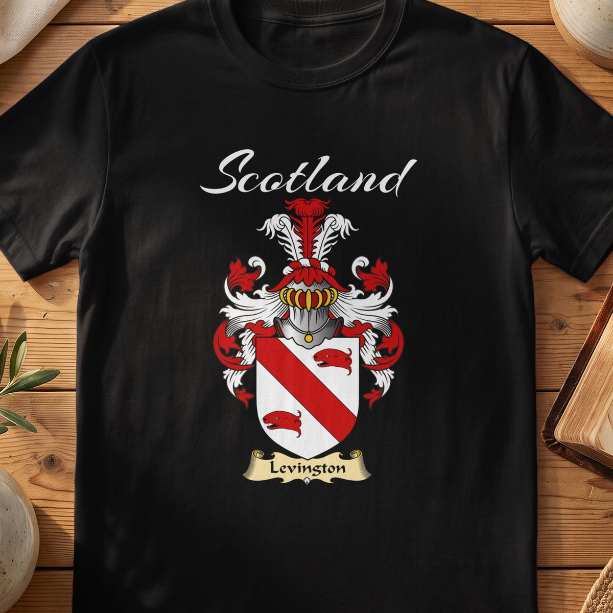 Black Levingston Scottish T-shirt featuring a red diagonal band between red animal heads