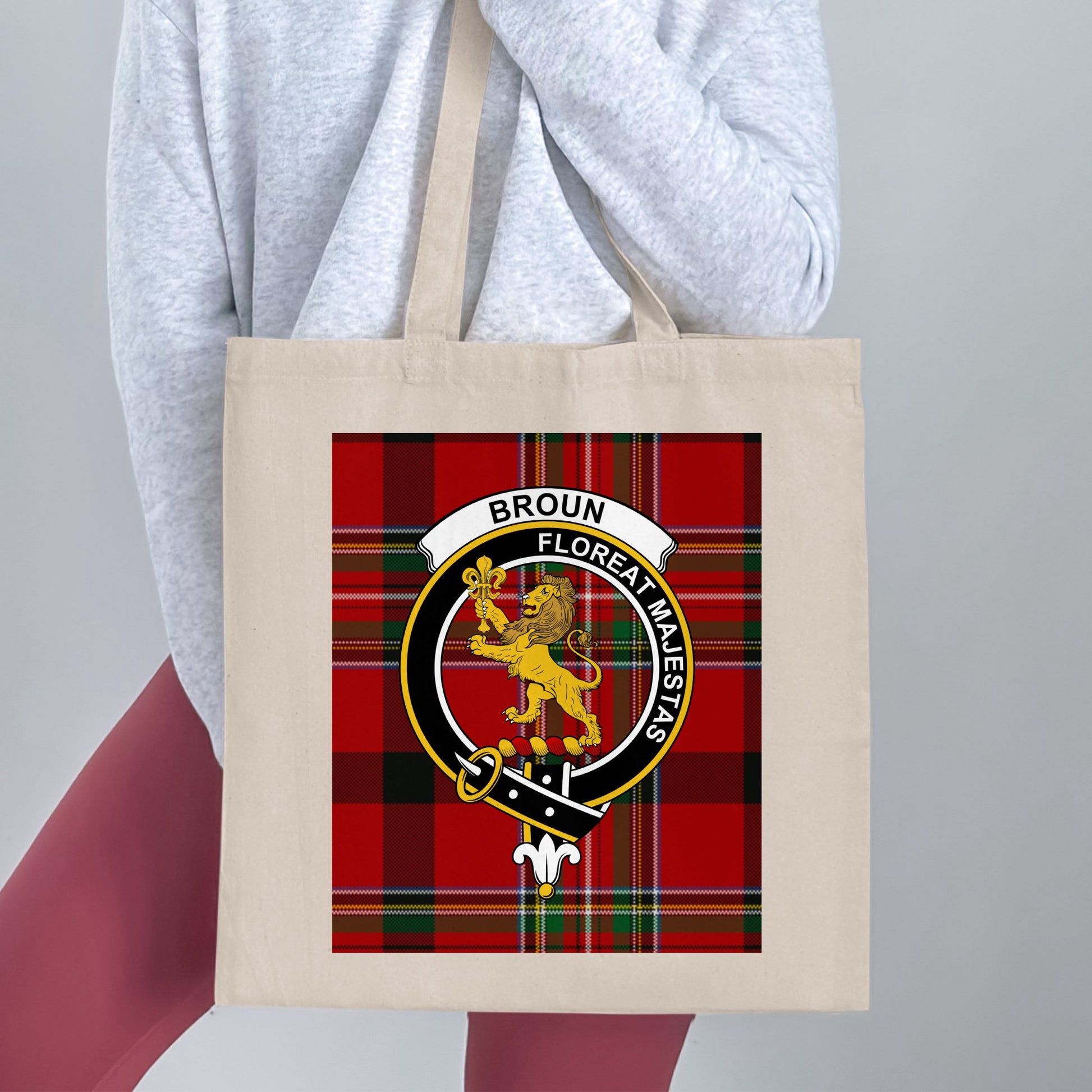 Broun Scottish Clan Crest on Tartan Background Tote Bag - Living Stone Gifts