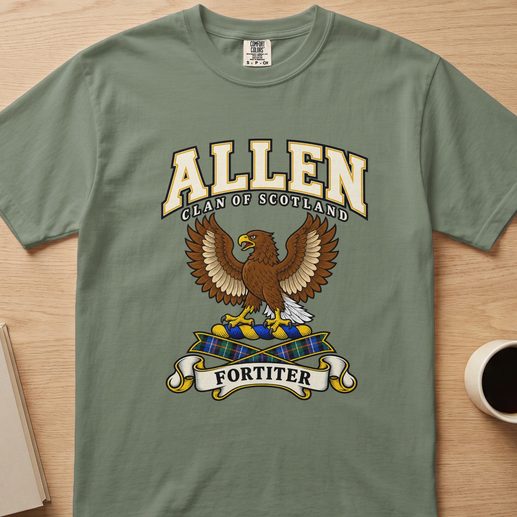 Allen clan T-shirt in sage green, front view with brown eagle with spread wings