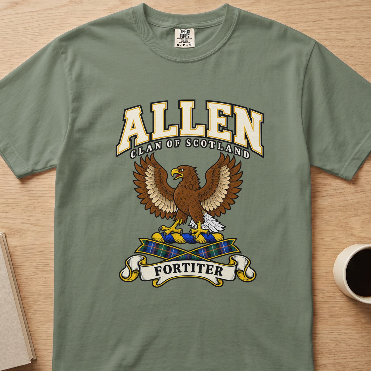 Allen clan T-shirt in sage green, front view with brown eagle with spread wings