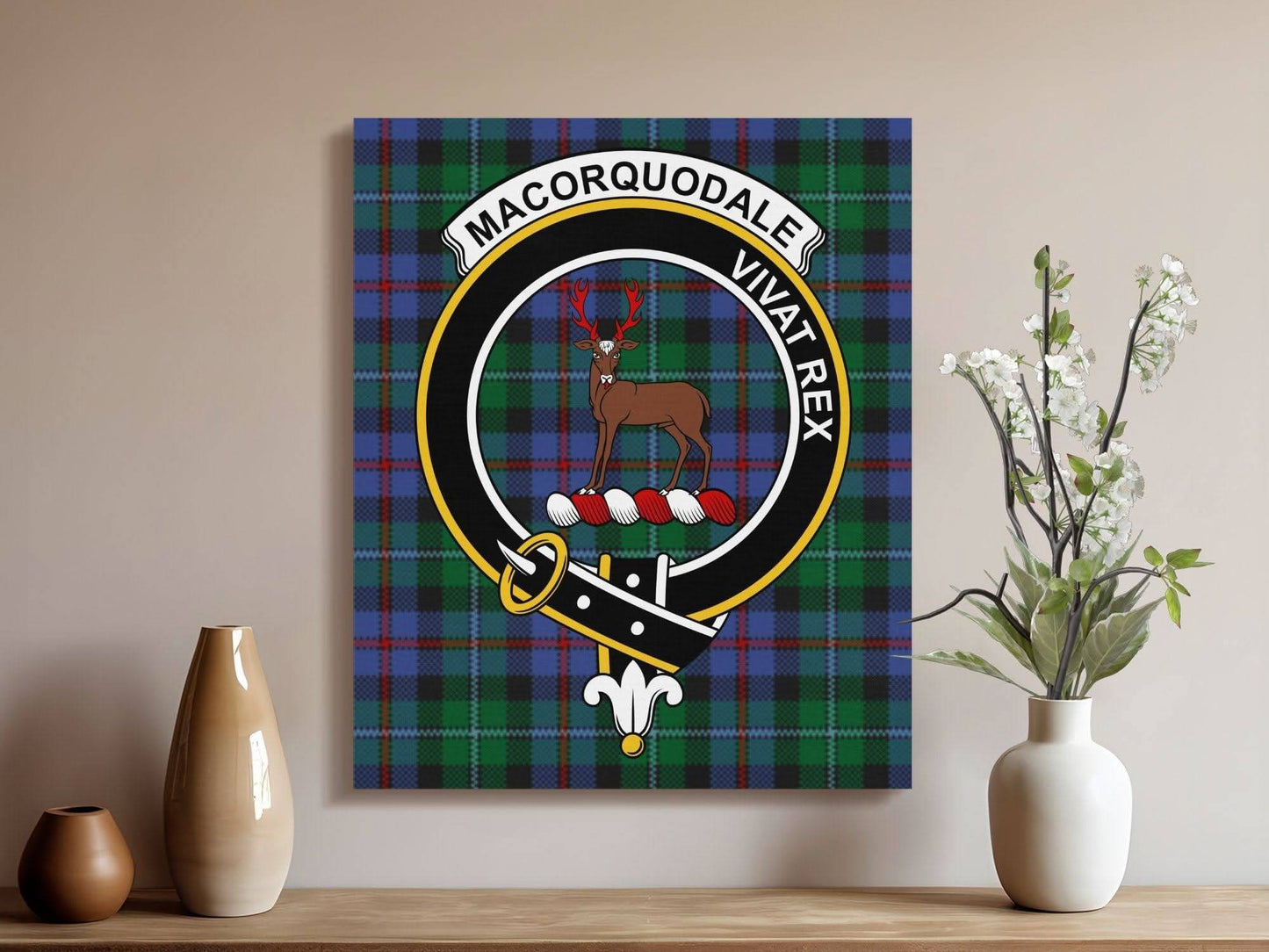 MacQuorquodale Crest Vivat Rex Scottish Tartan Canvas - Celtic Ancestry Gifts