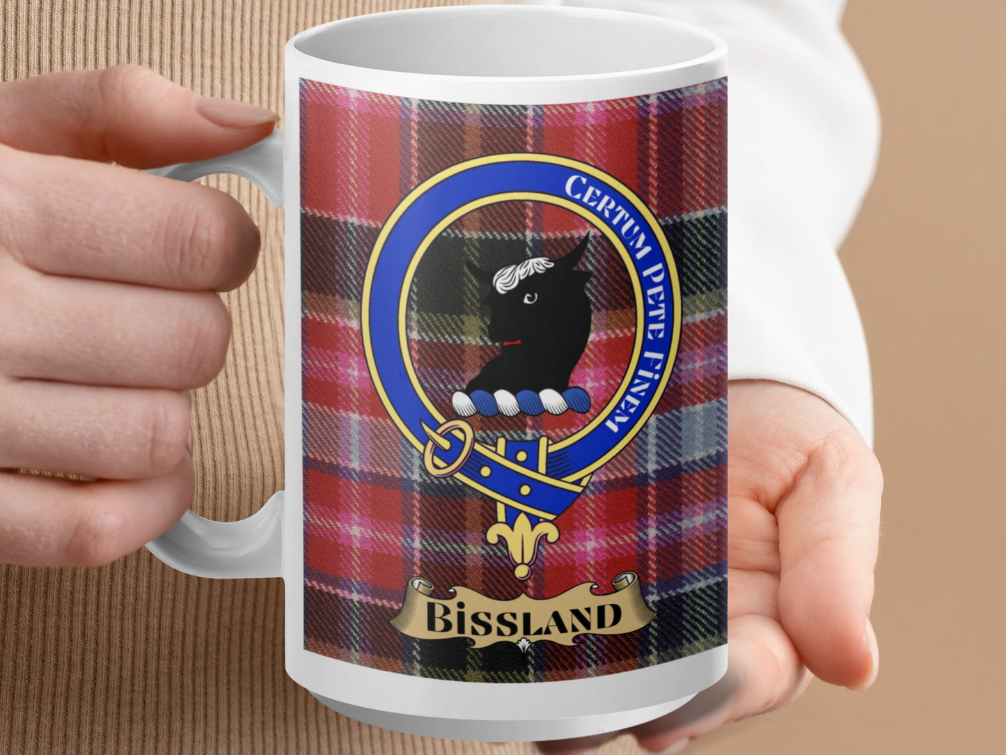 Scottish Clan Bissland Crest Emblem Plaid Pattern Mug - Living Stone Gifts