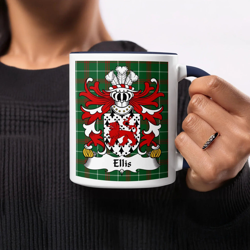 Ellis Welsh ancestry gift mug with red lion and white shield crest on green tartan