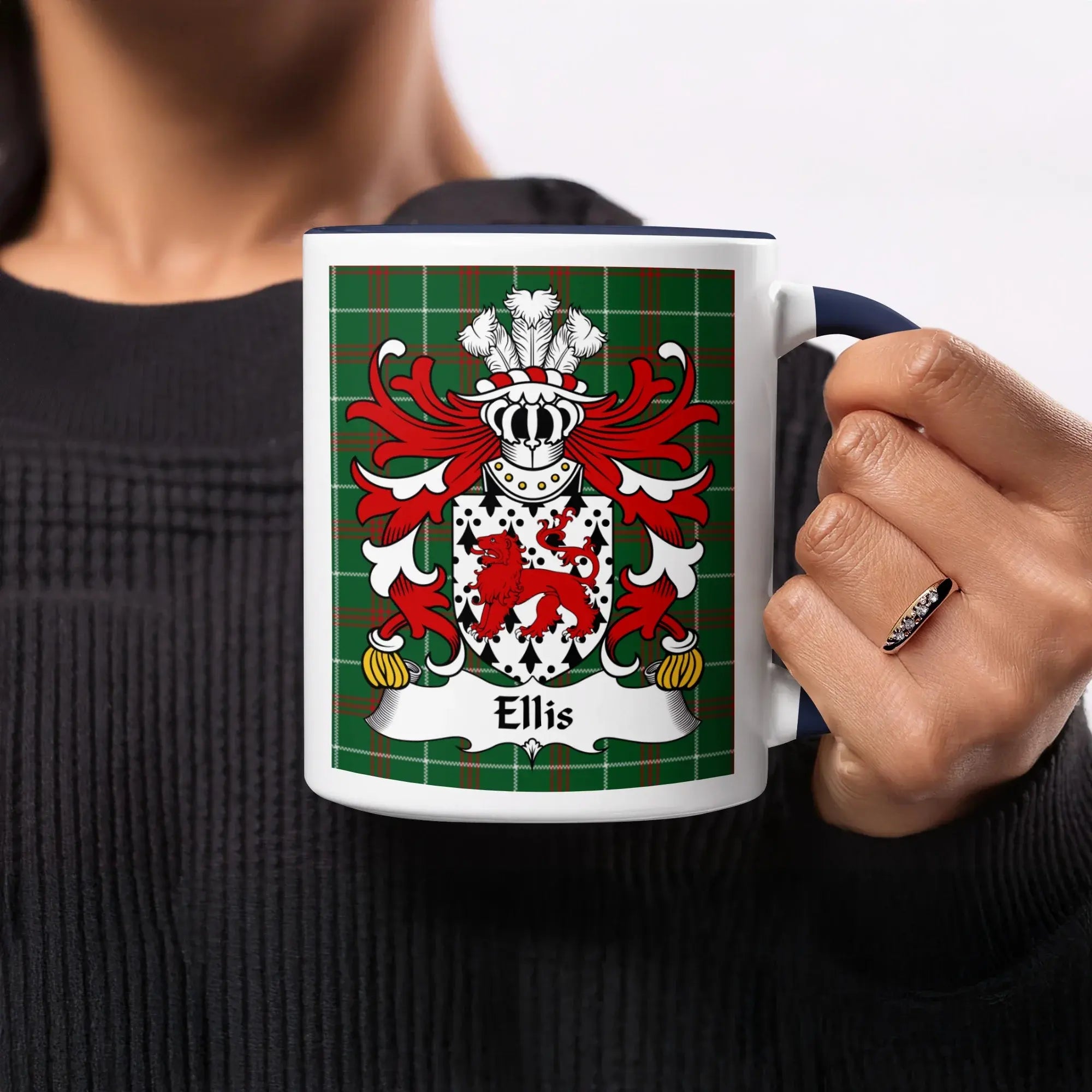 Ellis Welsh ancestry gift mug with red lion and white shield crest on green tartan
