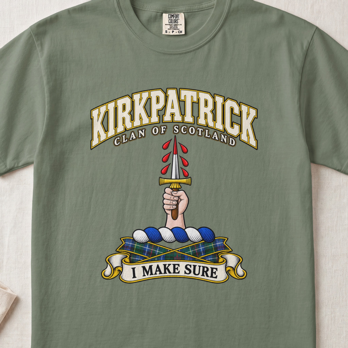 Kirkpatrick Scottish clan T-shirt in Moss, front view with a hand holding an upright dagger with red droplets and motto design.
