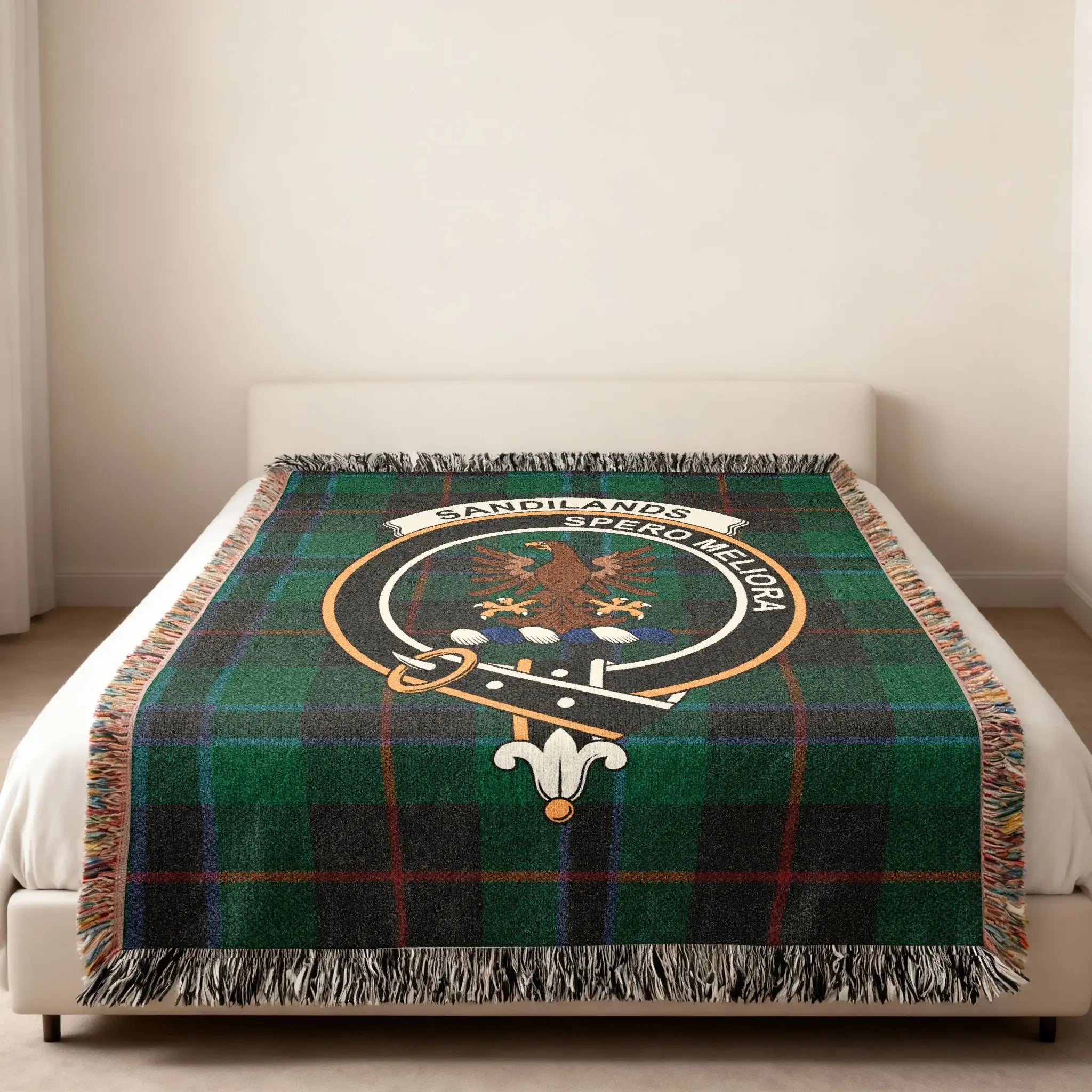Sandilands Spero Meliora eagle crest tartan design woven blanket — crest and pattern woven in