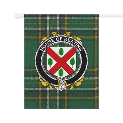 House of Keating Family Crest on Green Tartan Flag