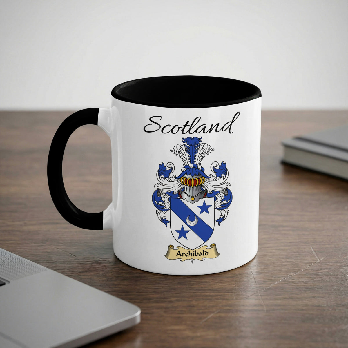 Archibald Scottish family crest accent mug with Scotland lettering and coat of arms artwork