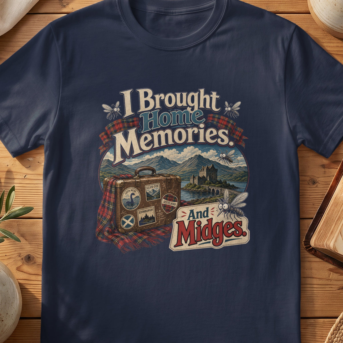Navy Gildan 64000 unisex T-shirt flatlay with Memories and Midges Scottish graphic design