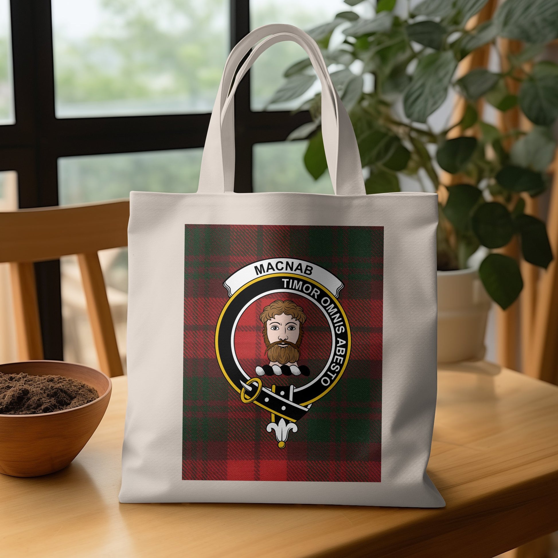 Macnab Clan Crest With Tartan Background Tote Bag - Living Stone Gifts