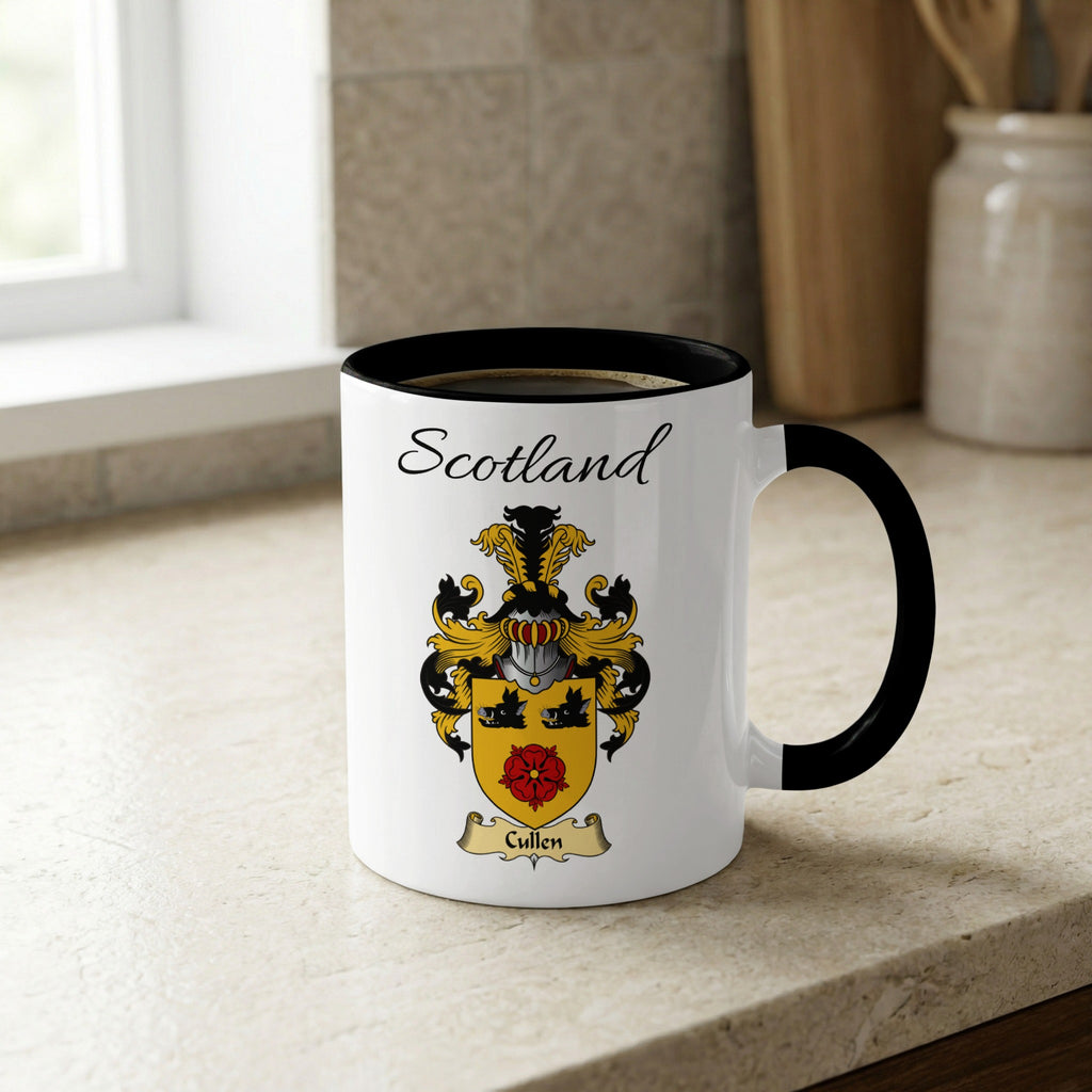 Cullen Scottish family crest accent mug with Scotland lettering and coat of arms artwork