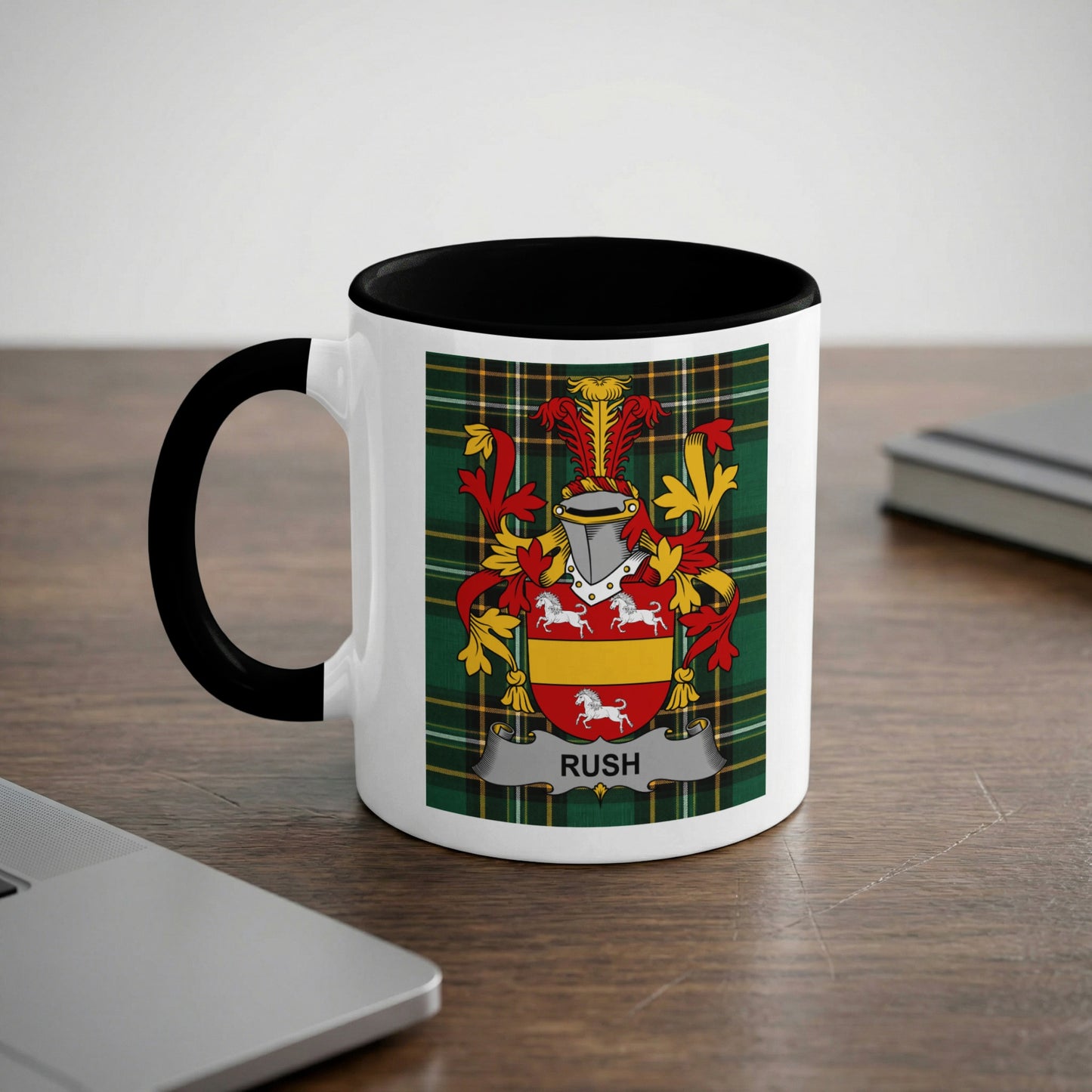 Mug with black handle featuring a crest with horses and the name RUSH.