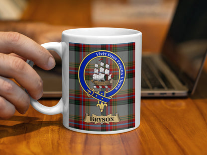 Bryson Family Crest Plaid Background Personalized Mug - Living Stone Gifts