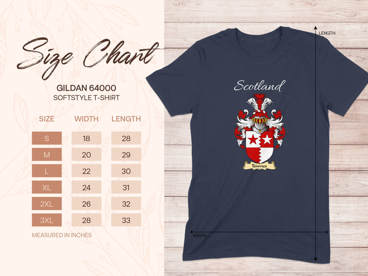 Gildan 64000 size chart for the Townes Scottish family crest T-shirt, covering sizes S–3XL.