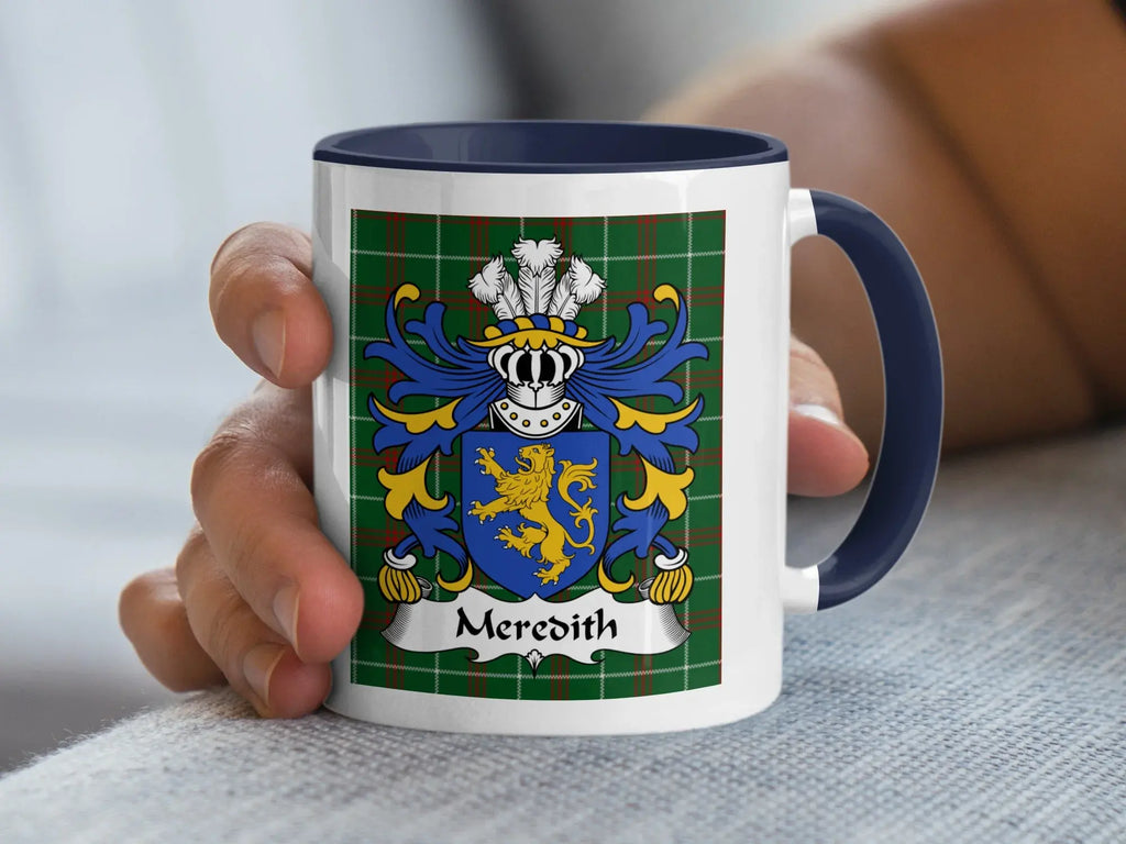 Meredith Welsh family crest mug with navy accent and tartan background