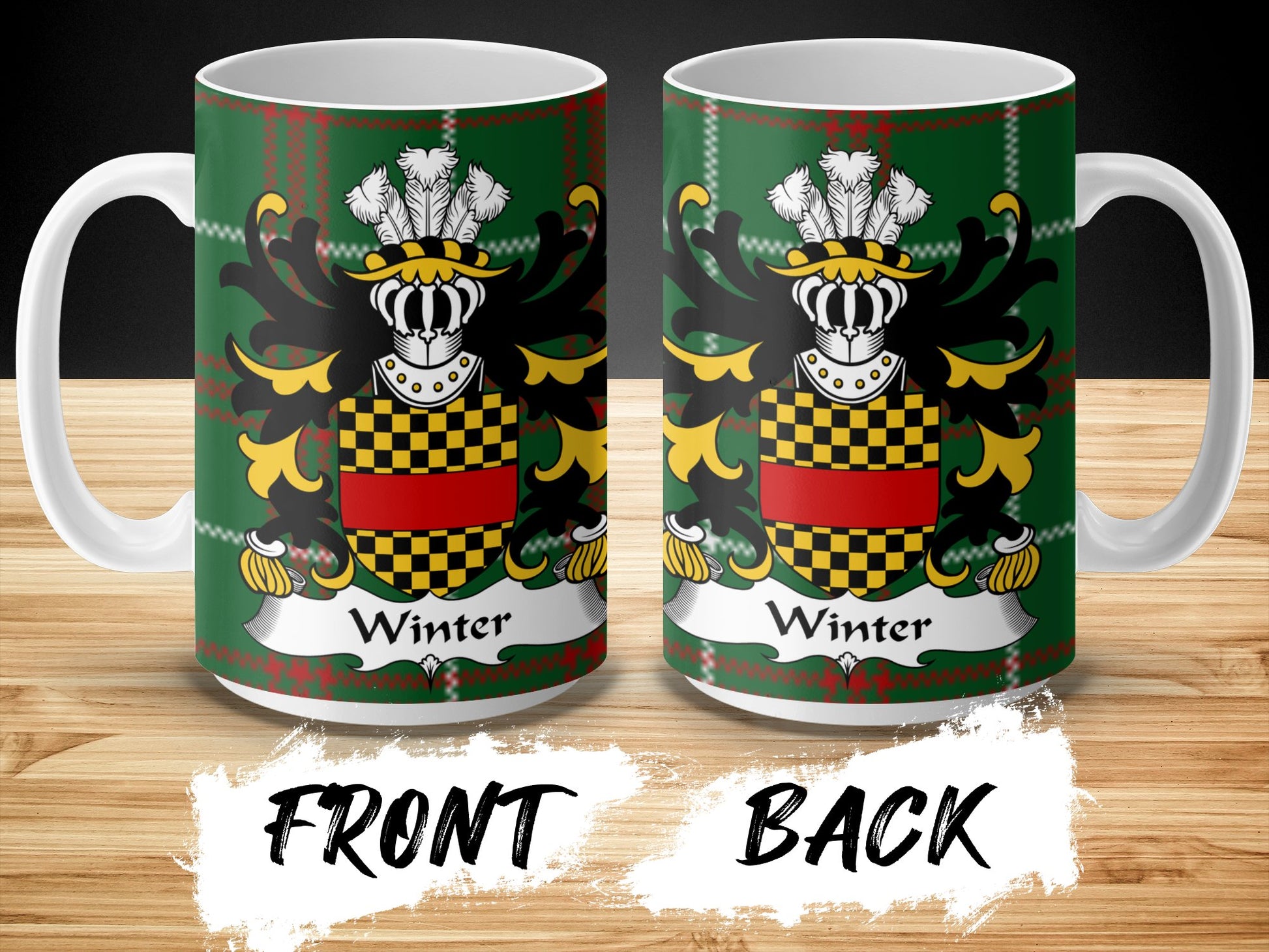 Winter Welsh Surname Coat of Arms on Tartan Background Mug - Living Stone Gifts