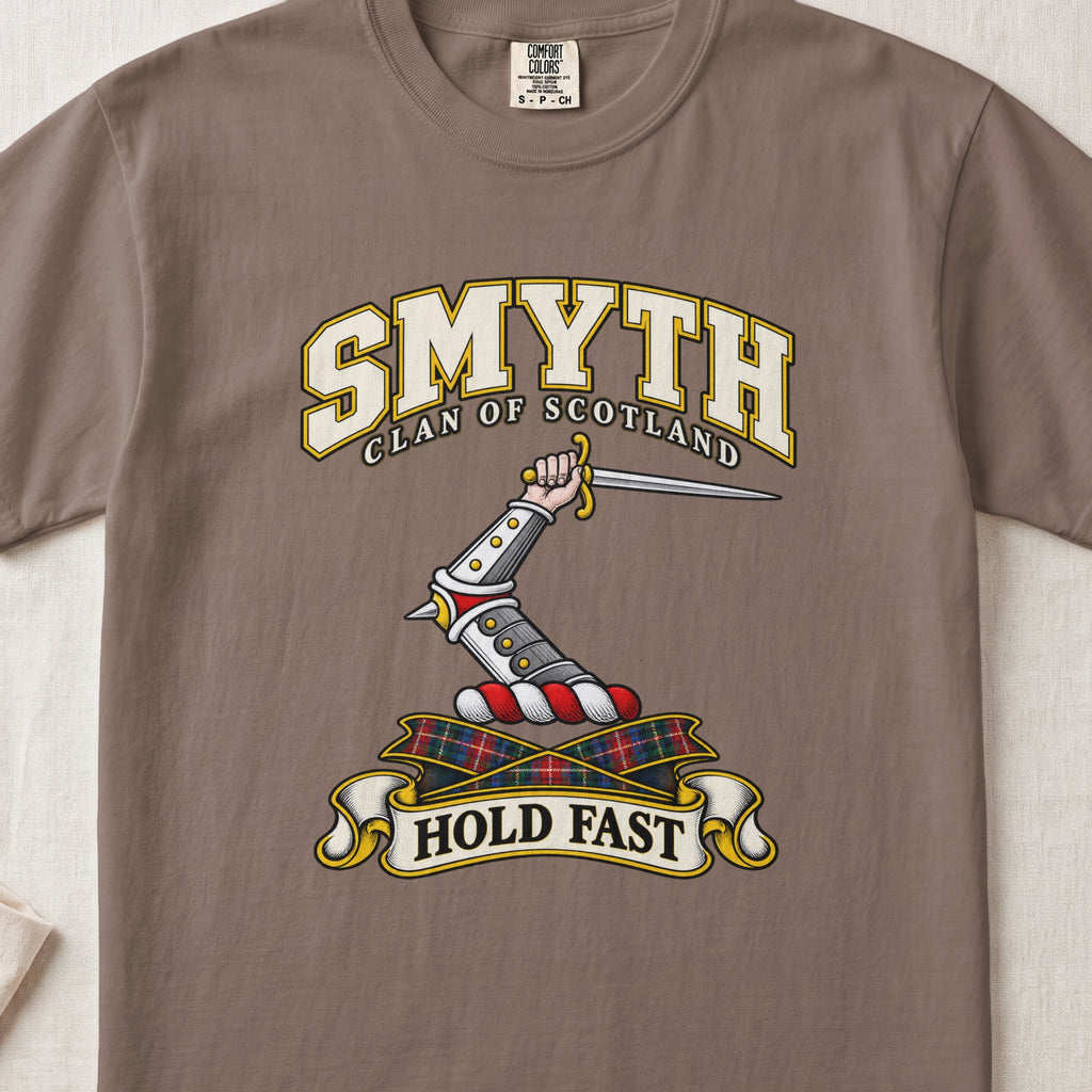 Smyth Scottish clan T-shirt in Espresso, front view with an armoured arm holding a dagger and motto design.