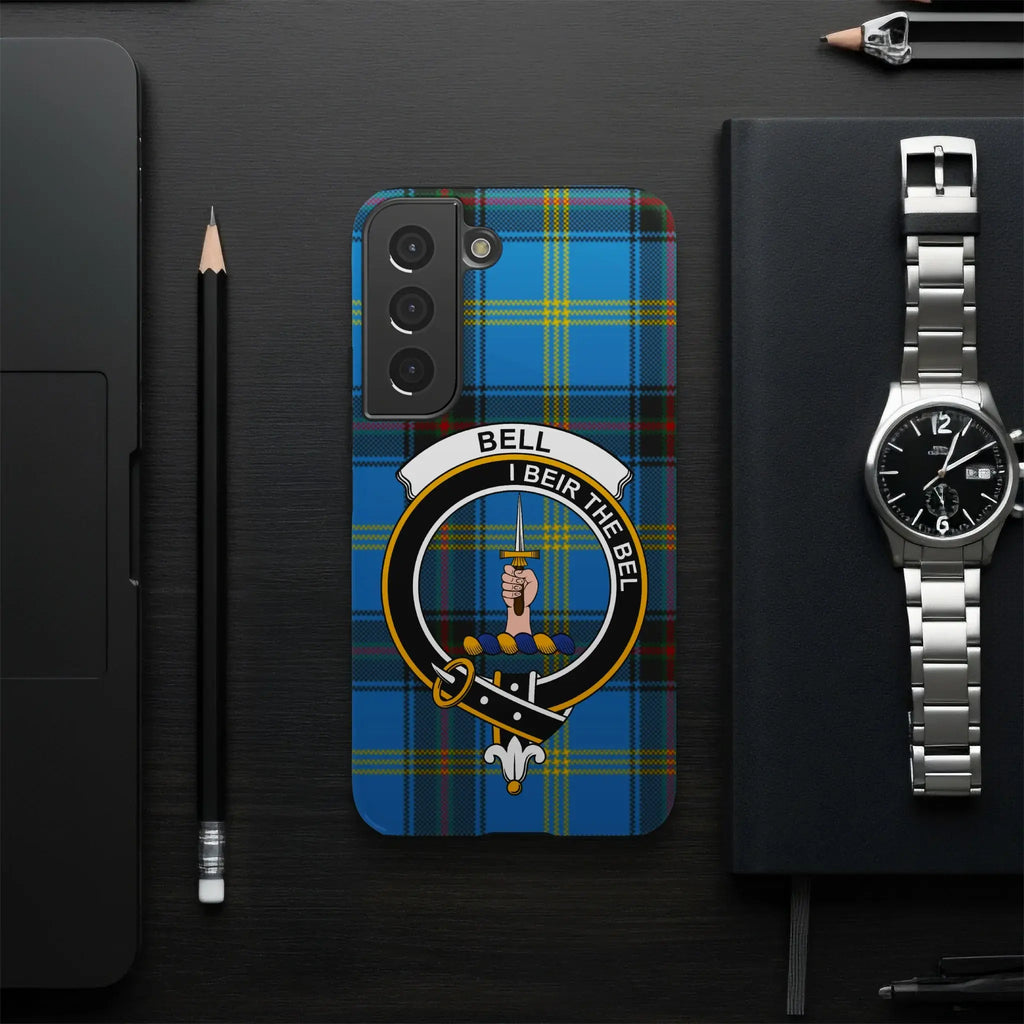 Bell I Beir the Bel tartan phone case side view — clan crest design, edge-to-edge glossy wrap print
