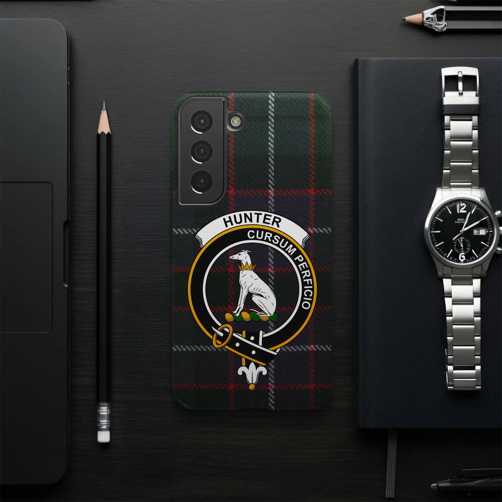 Hunter Cursum Perficio plaid phone case for modern style — slim profile, precise port cutouts