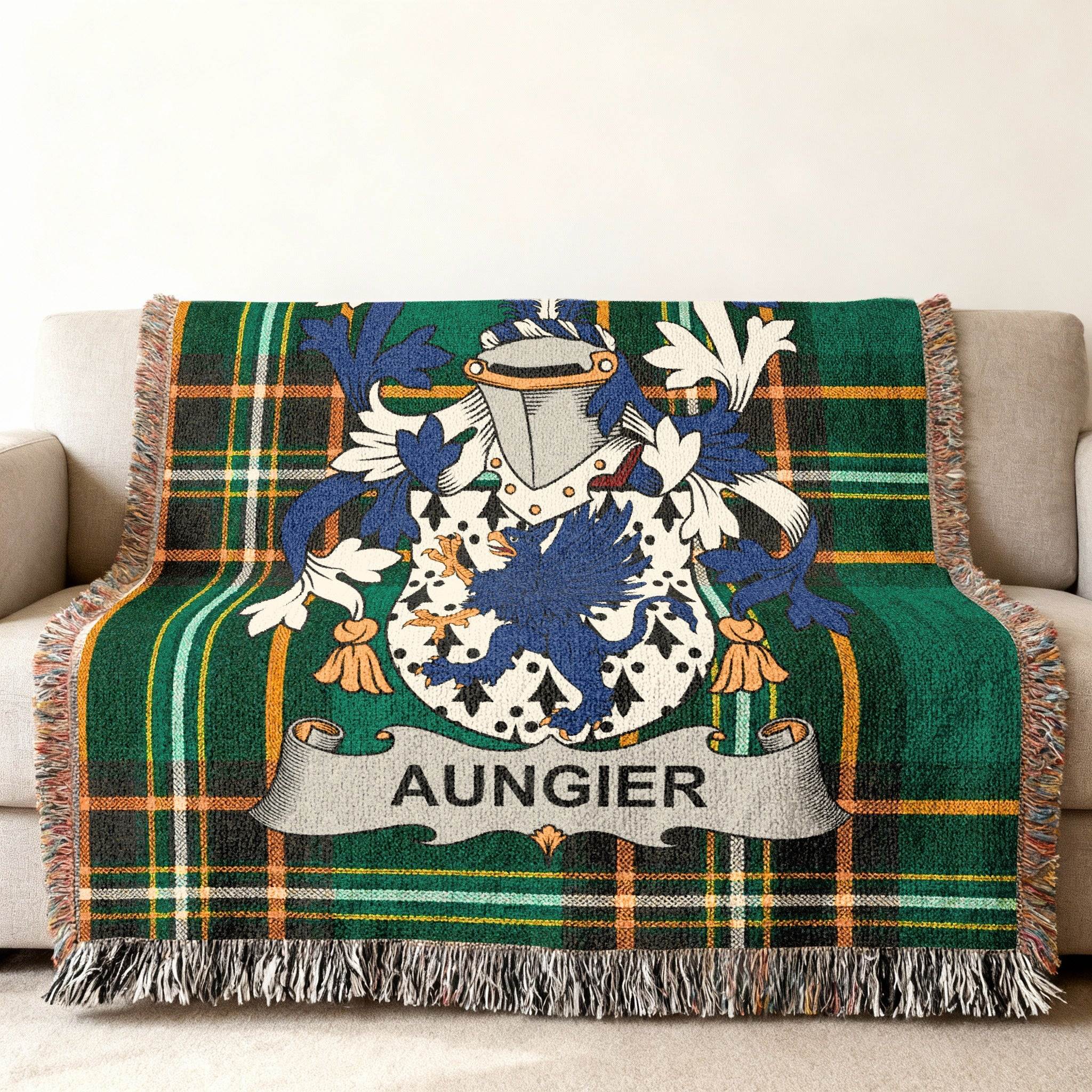 AUNGIER Family Crest Tartan Green Throw Blanket product type