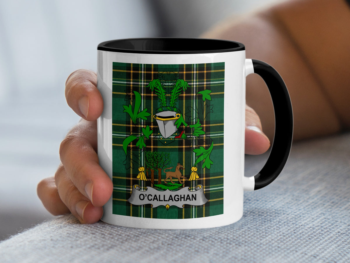 O'Callaghan Irish National Tartan family crest mug held in hand