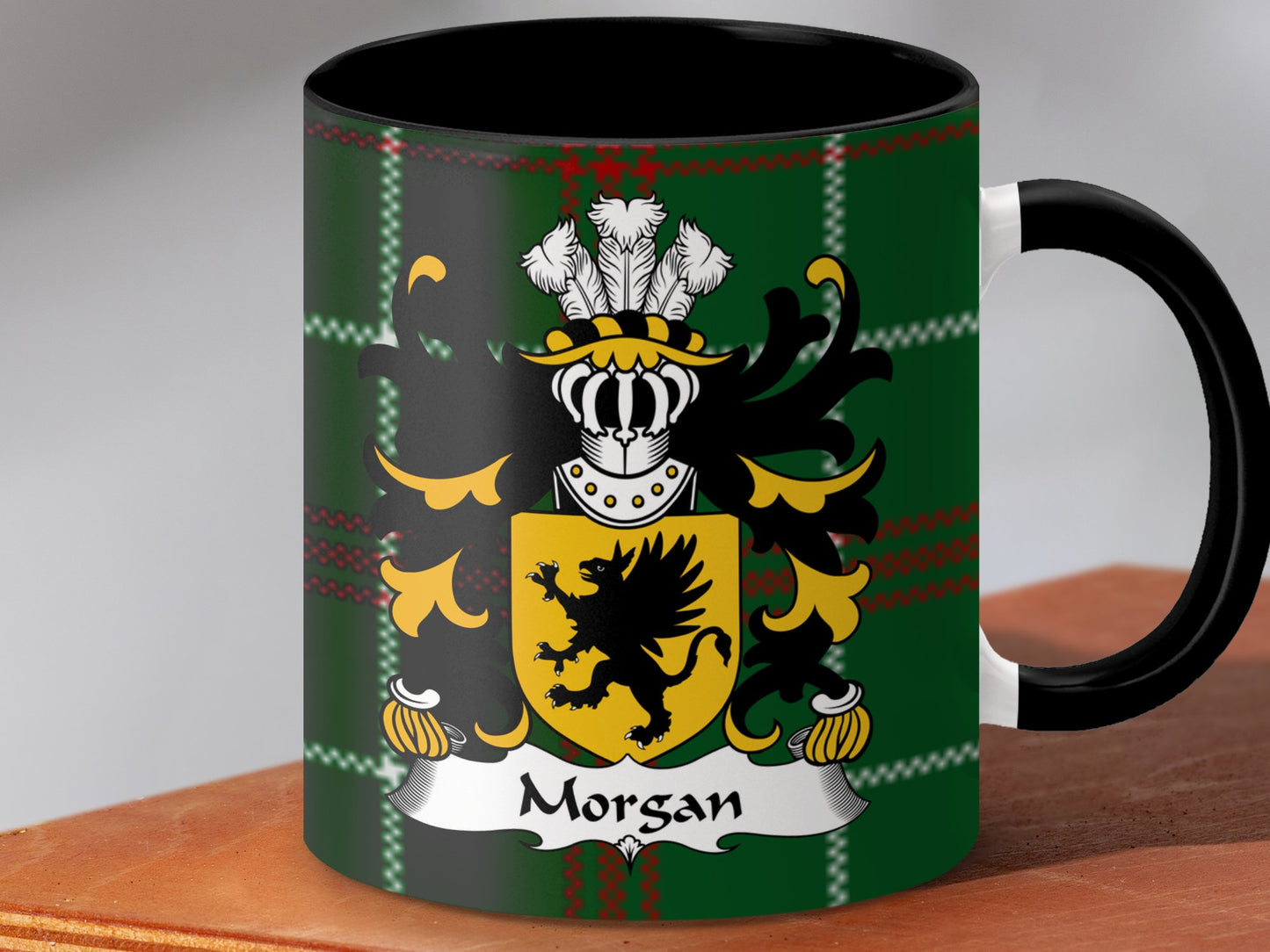 Morgan Welsh Surname Coat of Arms on Tartan Background Mug - Living Stone Gifts