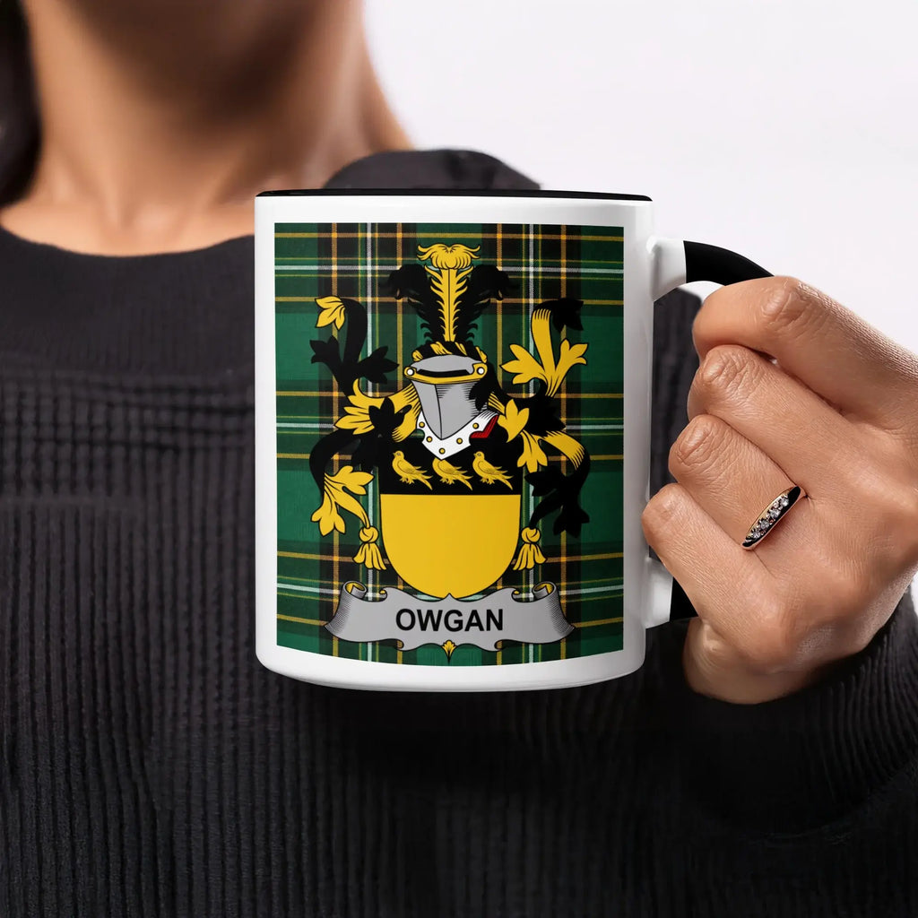 Owgan black accent mug with Irish National Tartan crest design