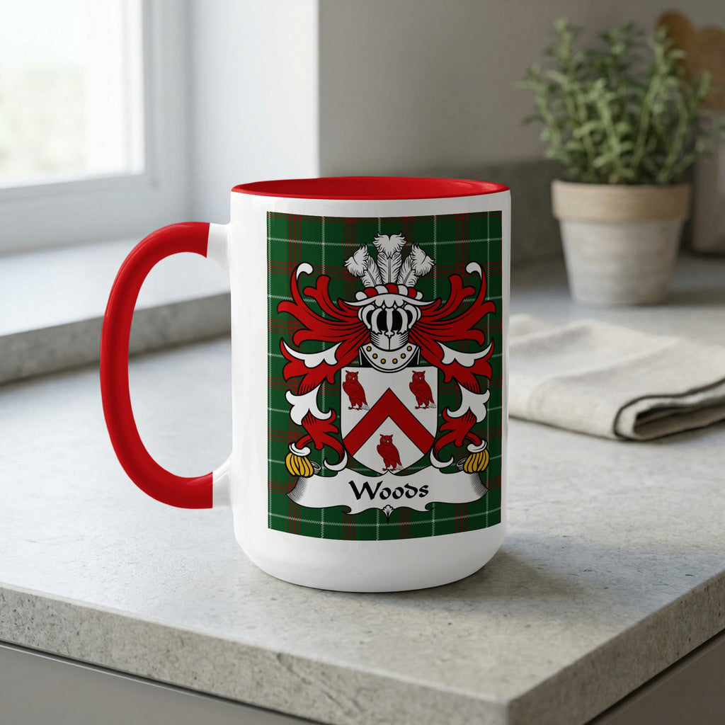 White mug with red handle featuring a family crest and the name "Woods".