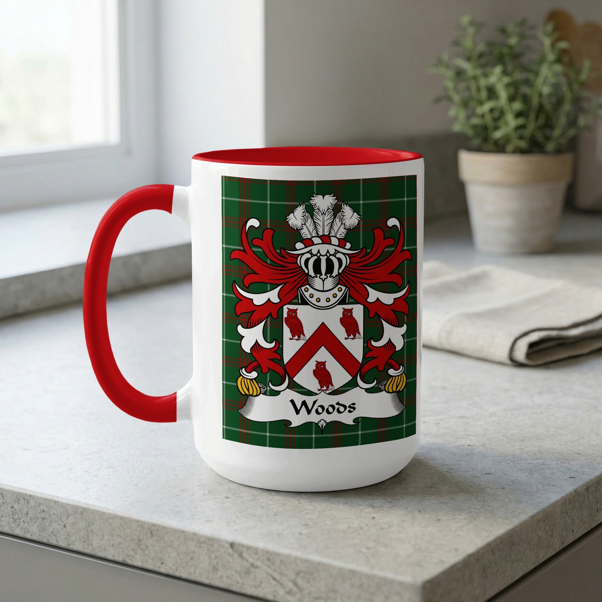 White mug with red handle featuring a family crest and the name "Woods".