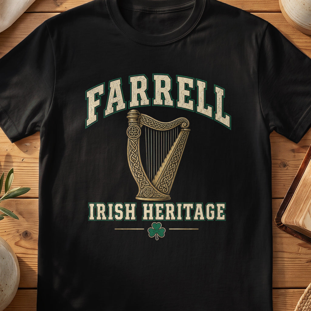 Farrell Irish Heritage black Gildan 64000 T-shirt with Celtic harp design