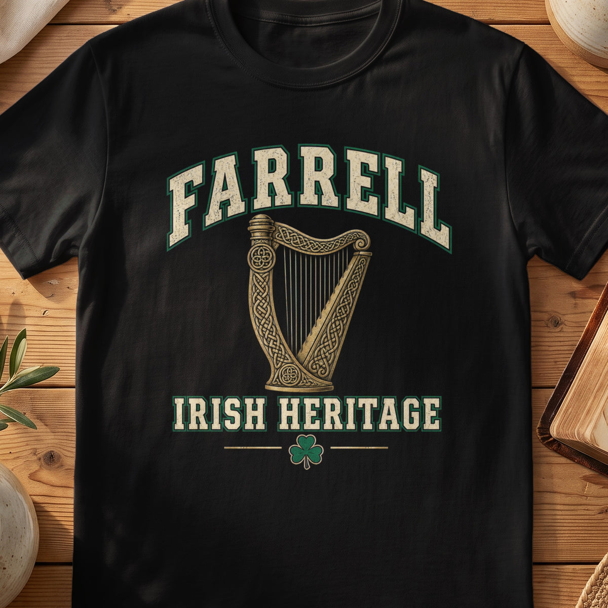 Farrell Irish Heritage black Gildan 64000 T-shirt with Celtic harp design