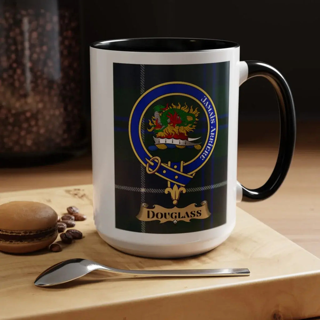 Douglass shield clan emblem plaid mug — glossy ceramic, clan crest and tartan design