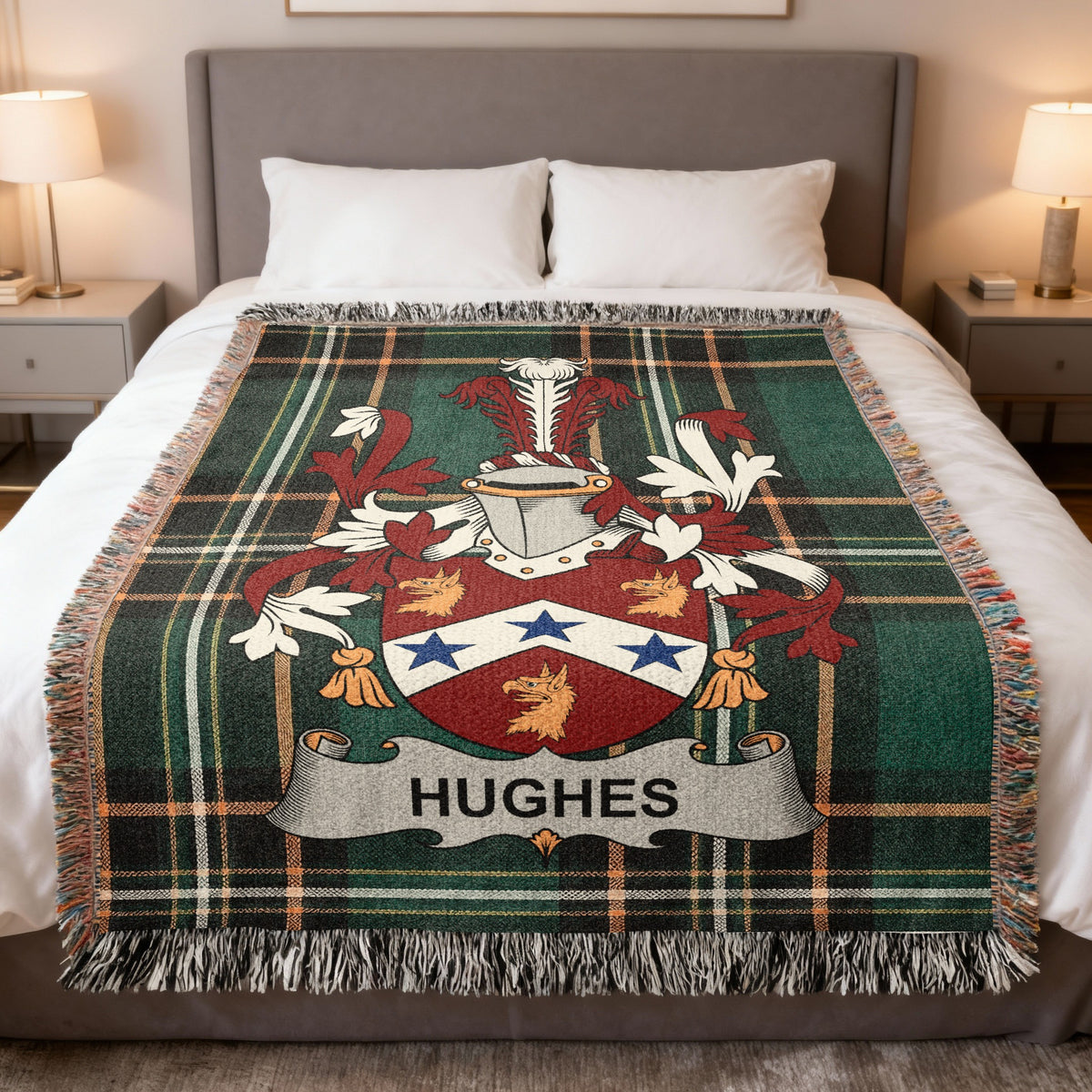 Hughes Irish heritage woven blanket with family crest emblem