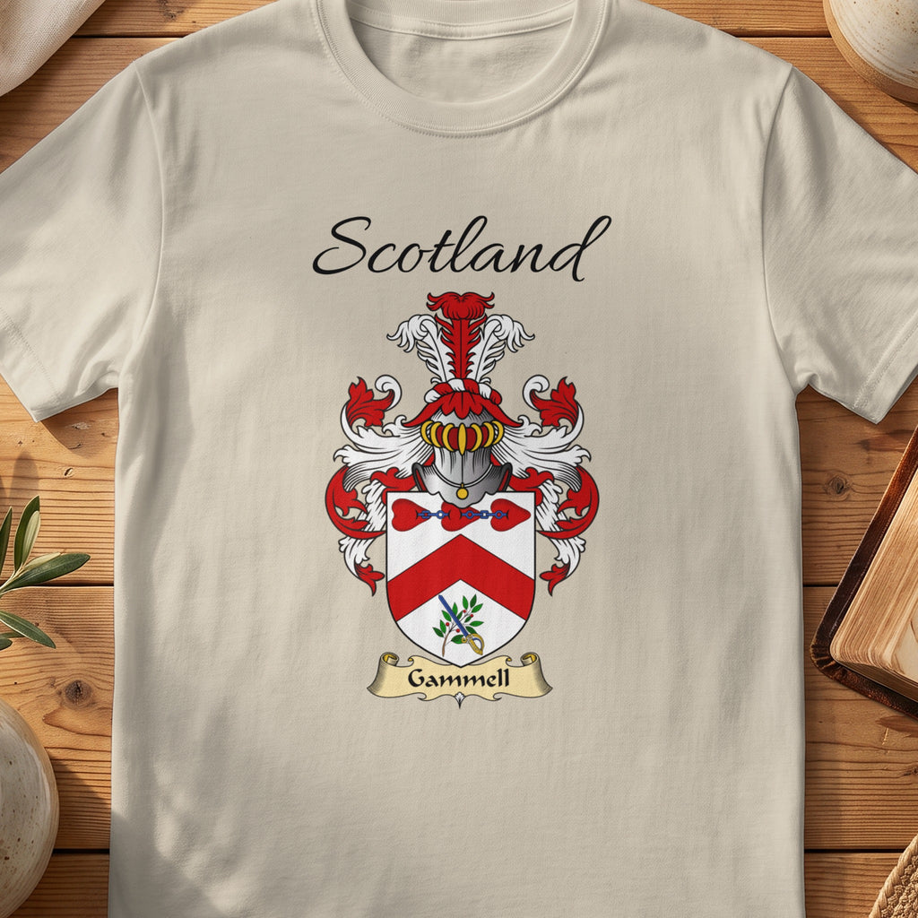 Sand Gammell Scottish family shield T-shirt featuring a red chevron with botanical details