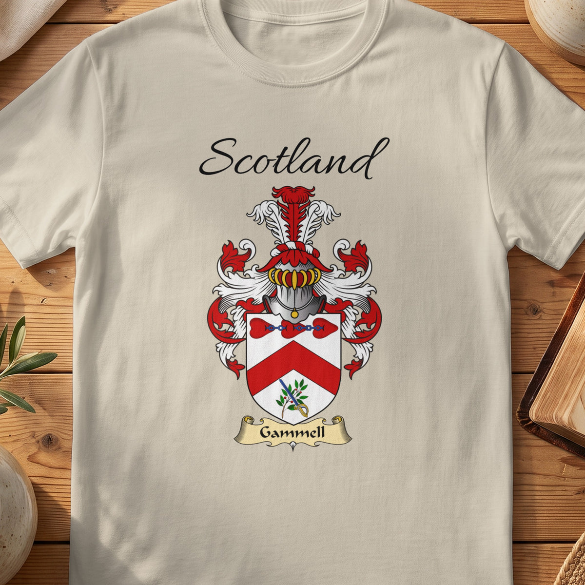 Sand Gammell Scottish family shield T-shirt featuring a red chevron with botanical details