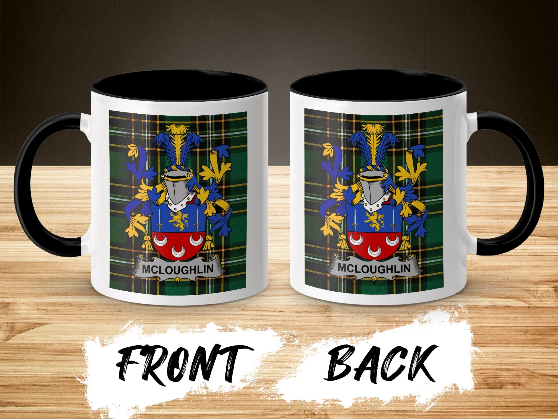 Two mugs displaying the McLoughlin family crest on a plaid background.