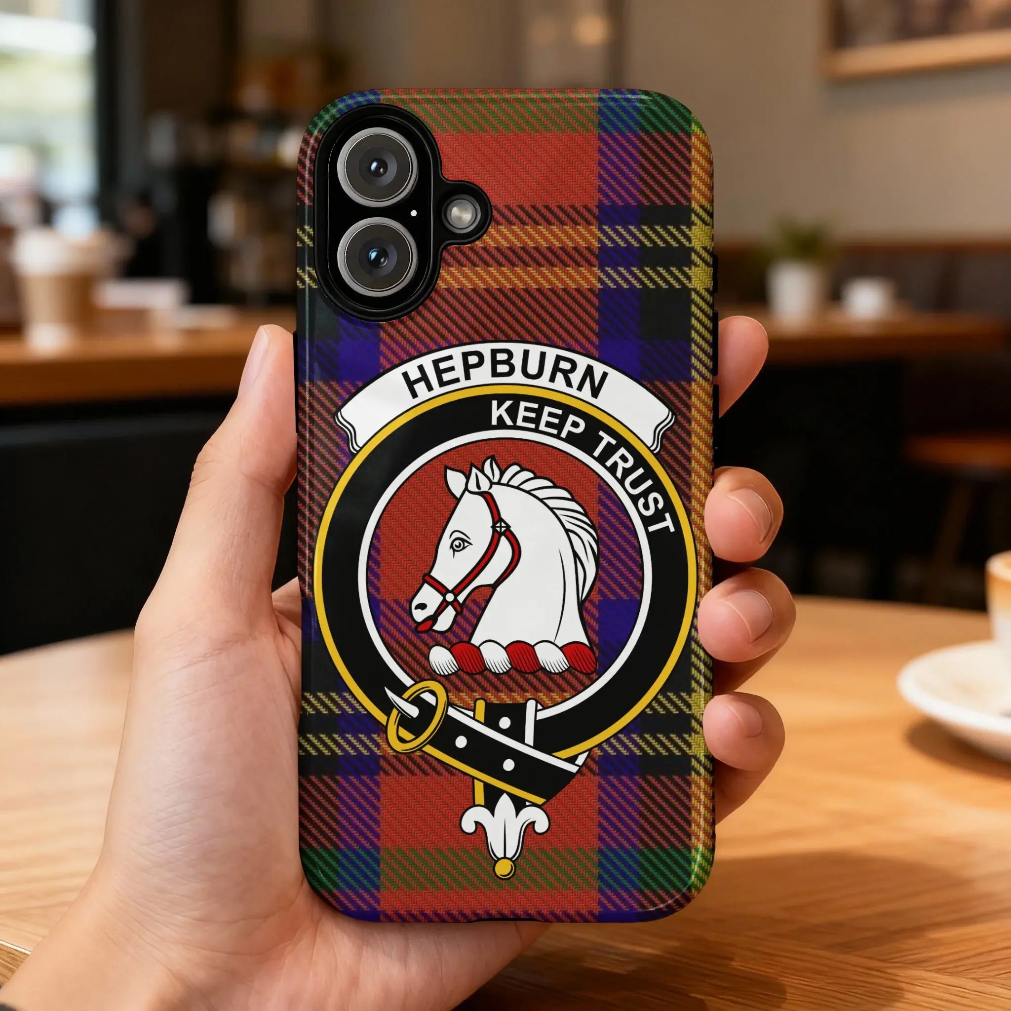 Hepburn clan crest tartan phone case — edge-to-edge plaid design with Keep Trust horse motto