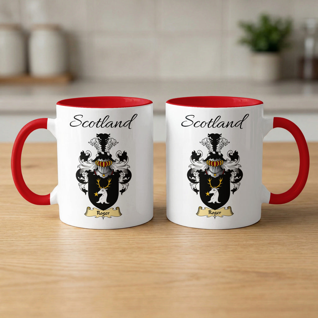 Red-accent Roger Scottish family crest mugs with Scotland above the heraldic shield
