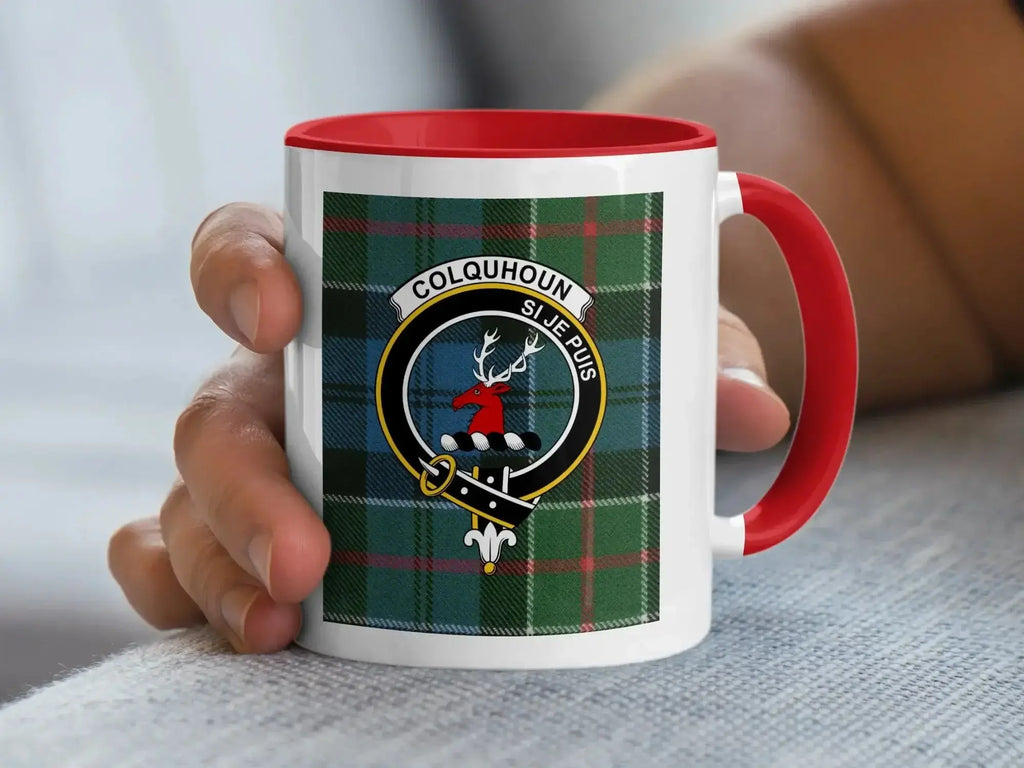 Colquhoun tartan mug top-down view — black interior and handle, stag crest visible from above