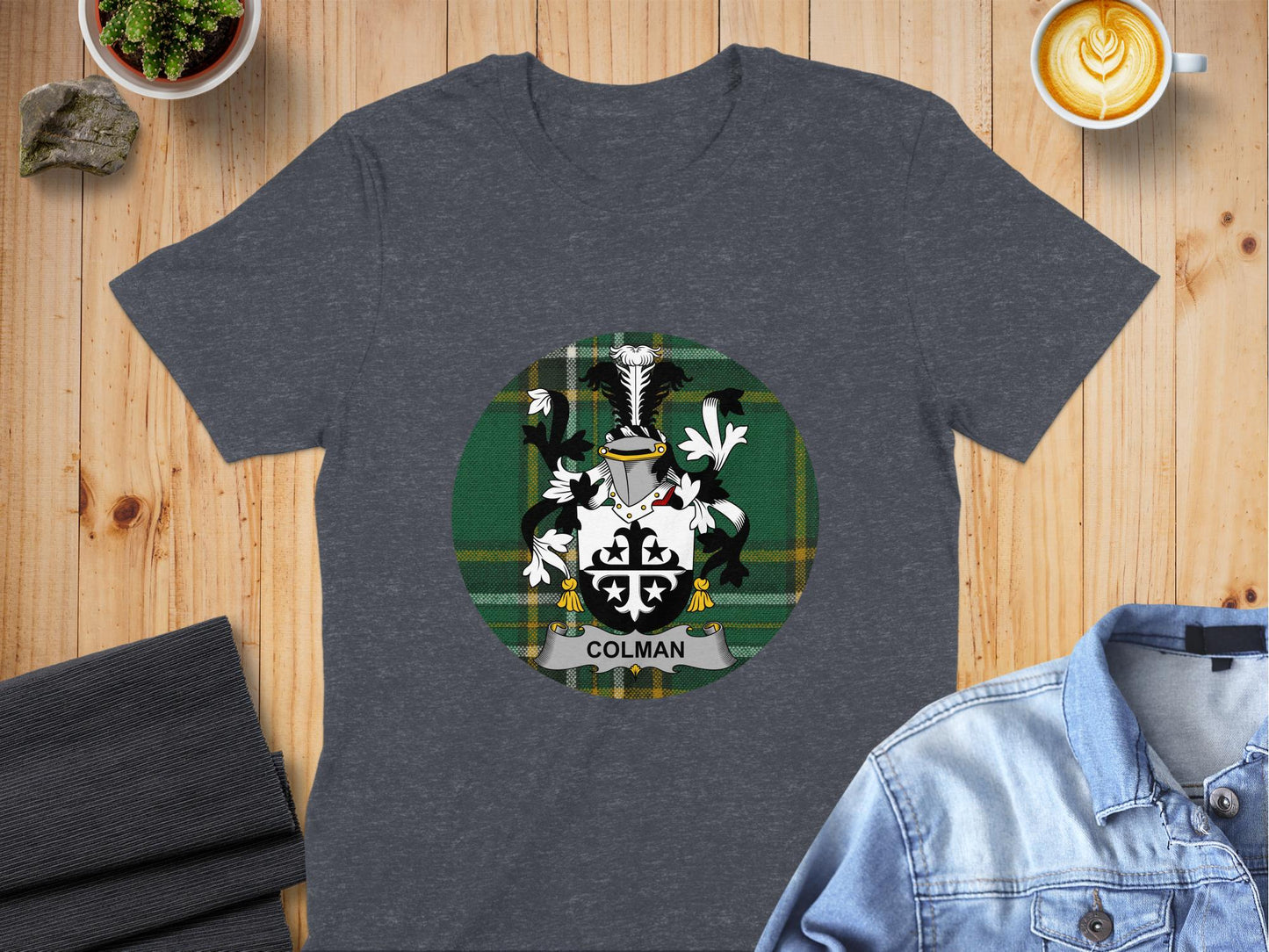 Colman Family Crest Irish Tartan Background T-Shirt - Living Stone Gifts