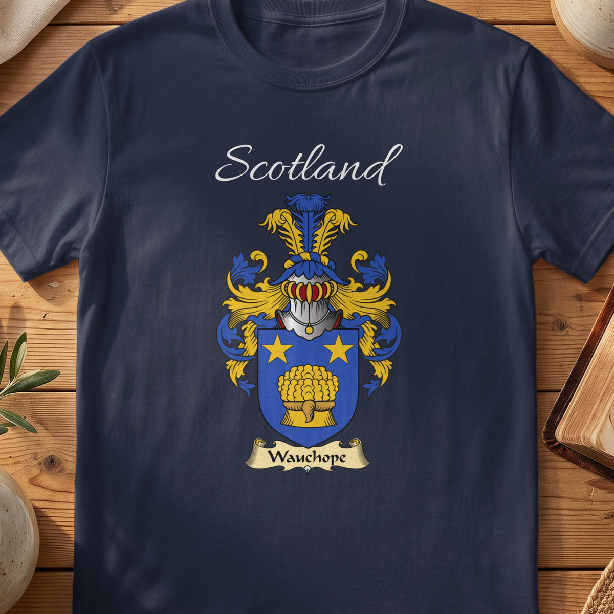 Navy Wauchope heritage T-shirt laid flat with “Scotland” and the colourful family shield design.
