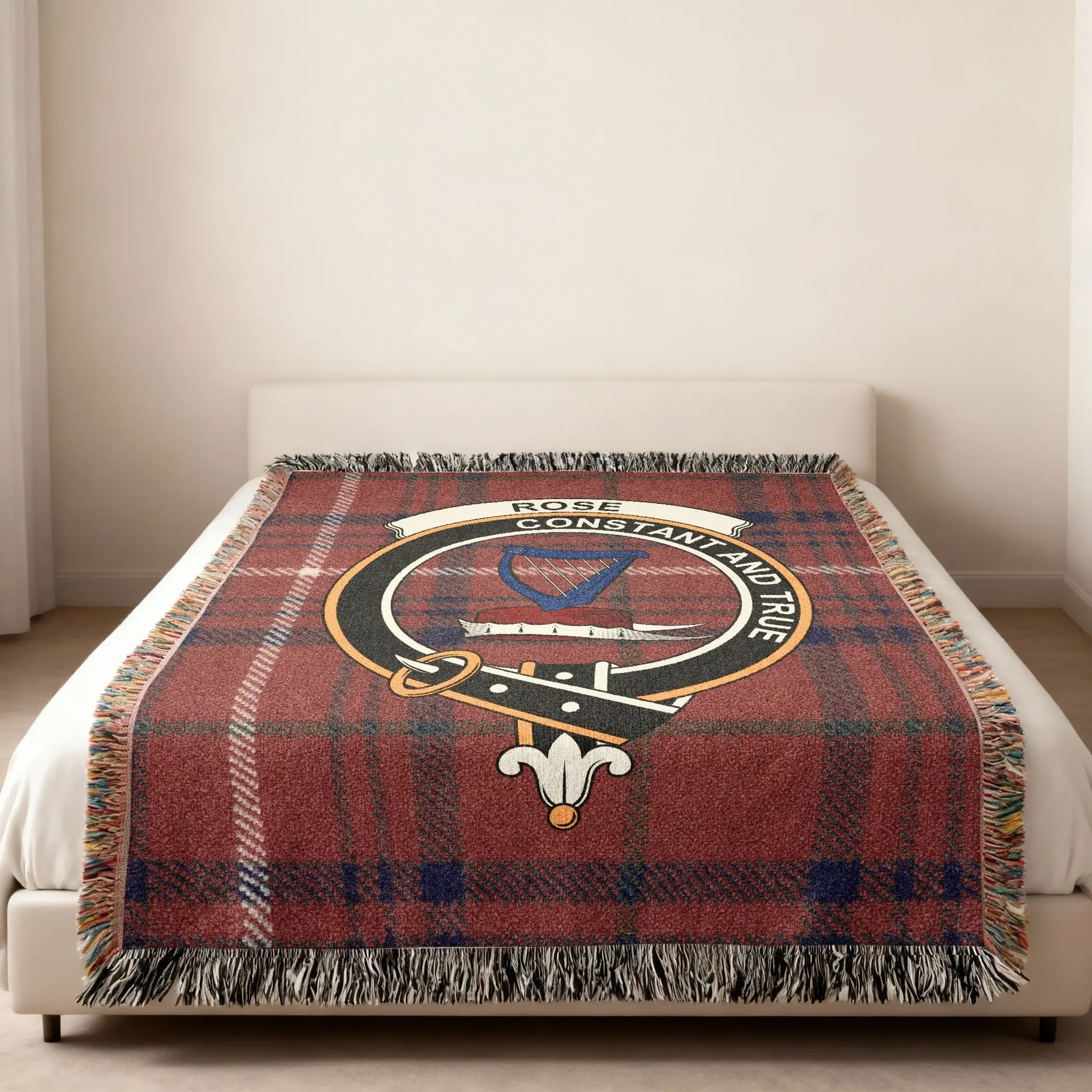 Clan Rose woven blanket — full view, constant and true crest, 80x60 size