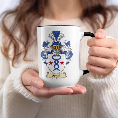 White mug with black rim displaying the Ar nell family crest.