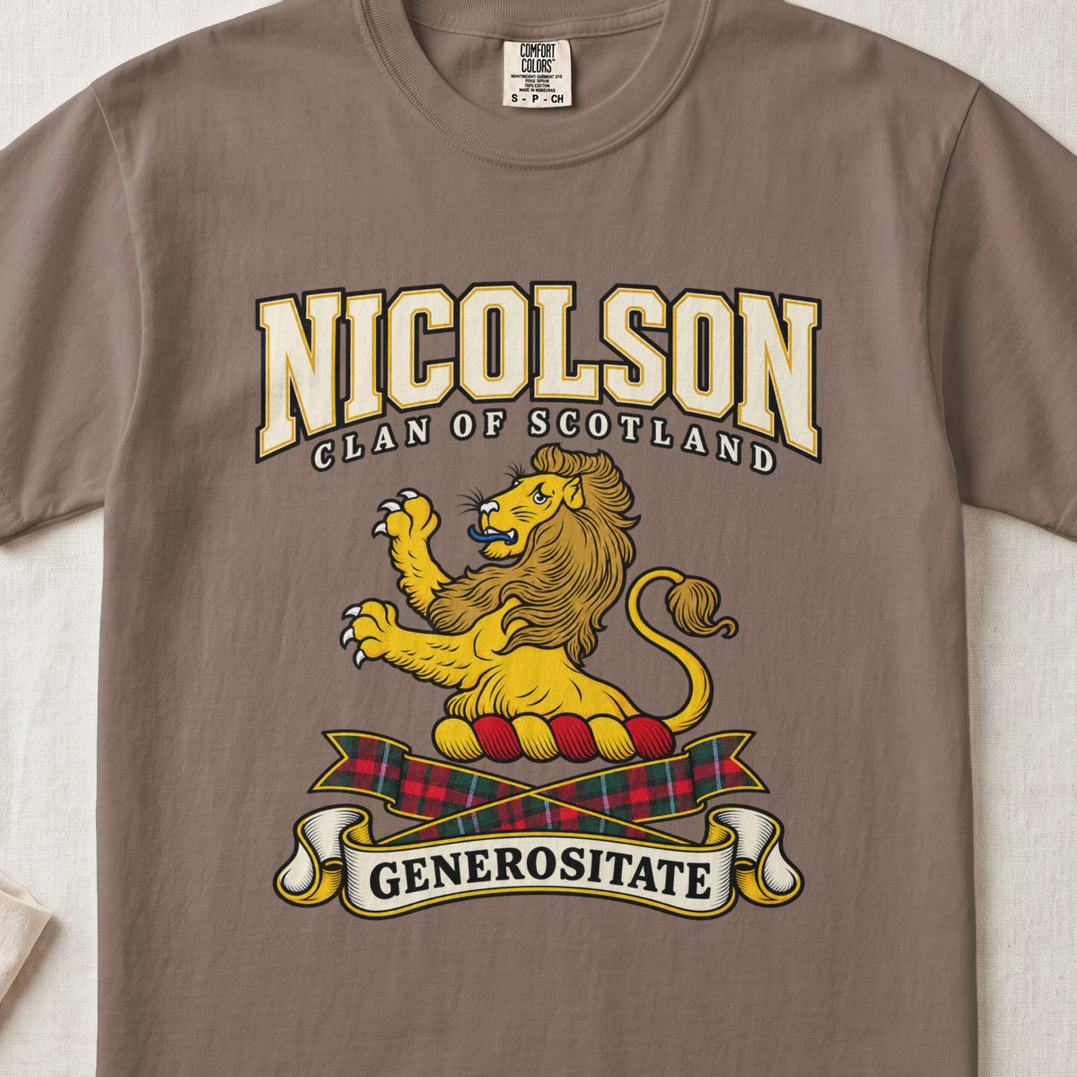 Nicolson Scottish clan graphic T-shirt in Espresso, front view